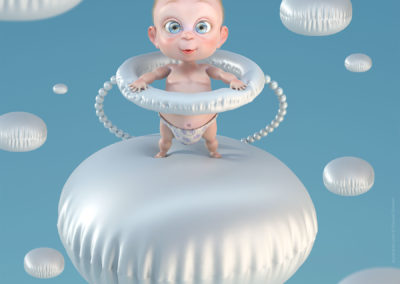 Illustration 3D d'un bébé sur un coussin volant en soie