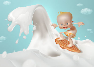 Illustration 3D d'un bébé qui surfe sur une vague de lait