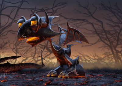 Illustration 3D d'un petit dragon en acier