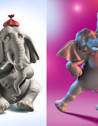 Elephant en 3D fébrile puis guéri qui danse