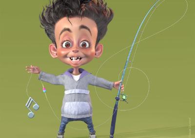 Character design 3D d'un gamin avec une canne à pêche