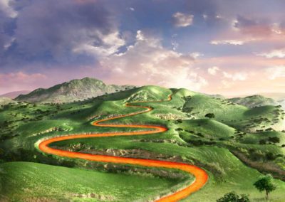 Illustration 3D d'un paysage avec une route orange