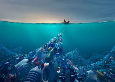 Illustration 3D d'un pêcheur avec des vagues sous-marines de déchets