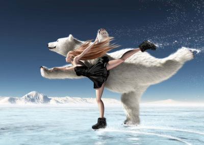 Illustration 3D d'une patineuse en duo avec un ours blanc