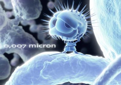 Illustration 3D d'un petit virus cartoon vu au microscope électronique