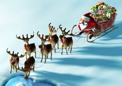 Illustration 3D d'un Père Noël en traineau avec ses rennes