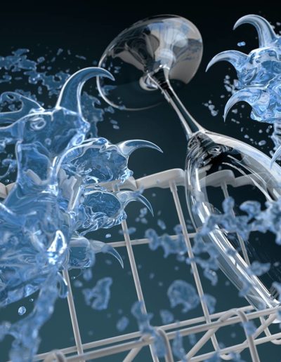 Illustration 3D d'un verre à pied dans un lave-vaisselle